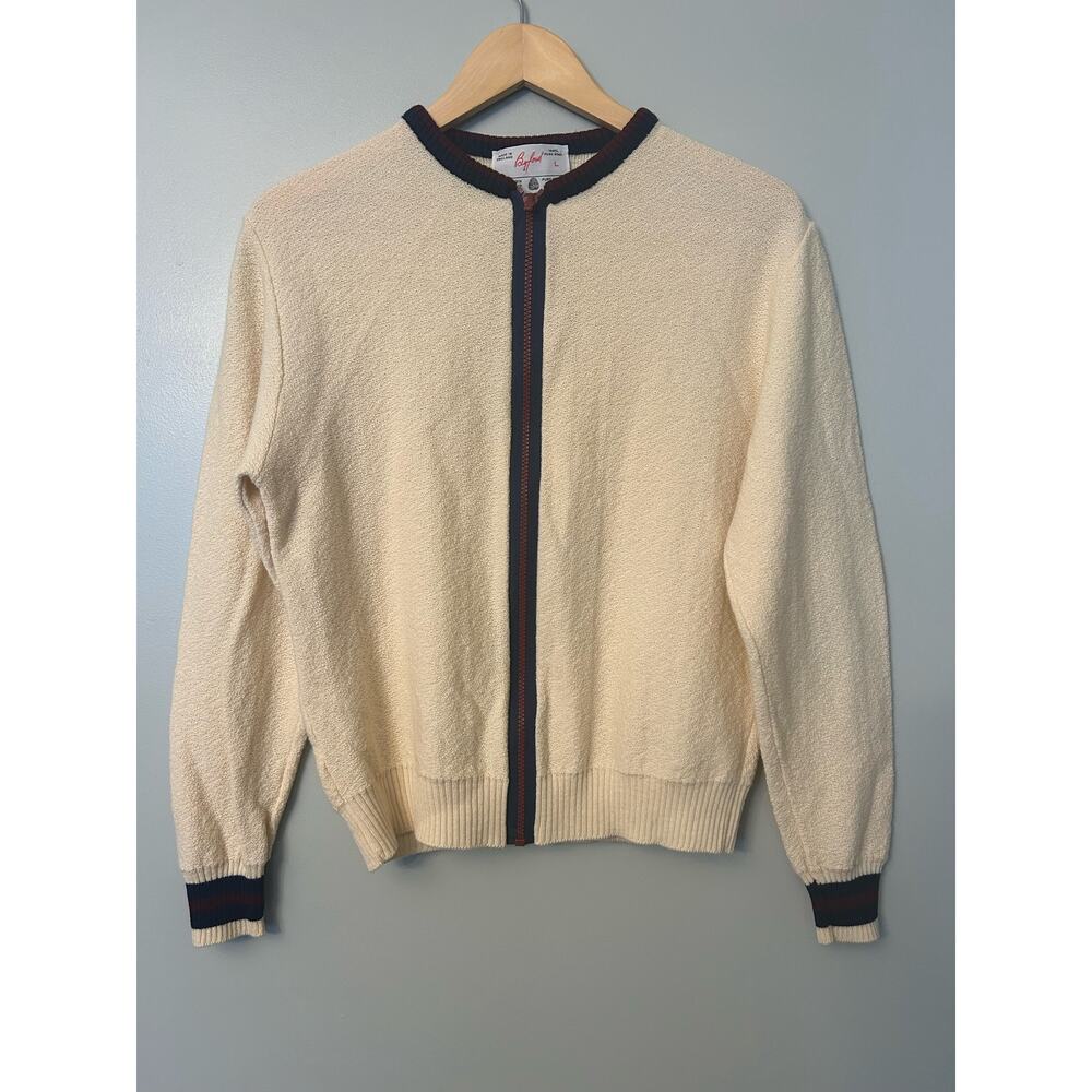 Byford 100% Wool Vintage Full Zipper Cream & Navy Women's Sweater Large